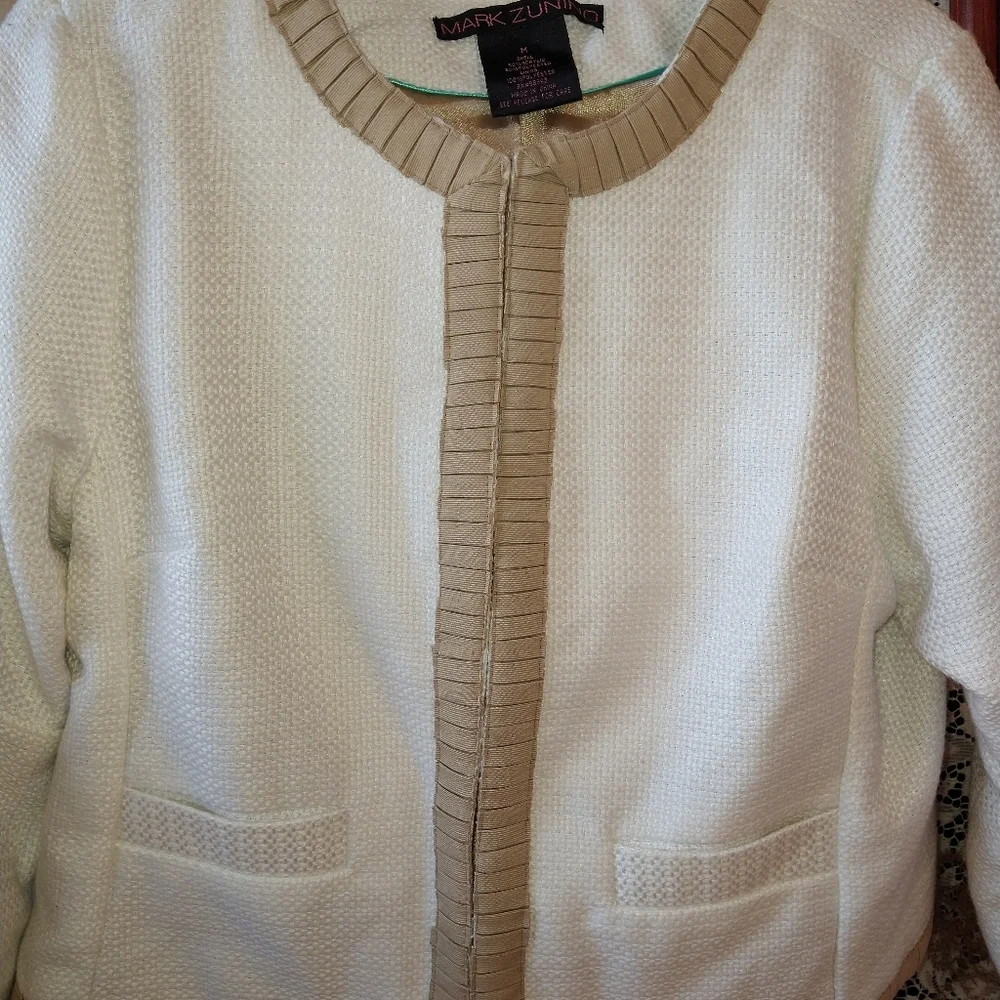 Mark Zunino white beige crop jacket pleated ribbon edges knit tweed bell sleeves - Picture 3 of 7